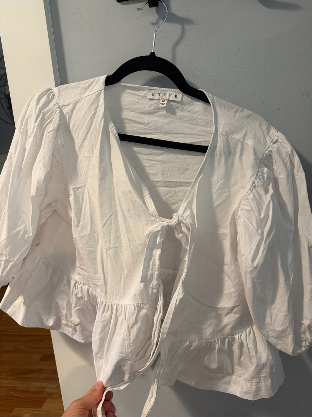 HYFVE White Tie-Front Peplum Top with Puff Sleeves